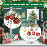 100Pcs Christmas Paper Plates And Napkins Set- (25 Guests) With 10 * 12 Inch Oval Plates And 9 Inch Round Paper Plate,Napkins For Christmas Party Supplies