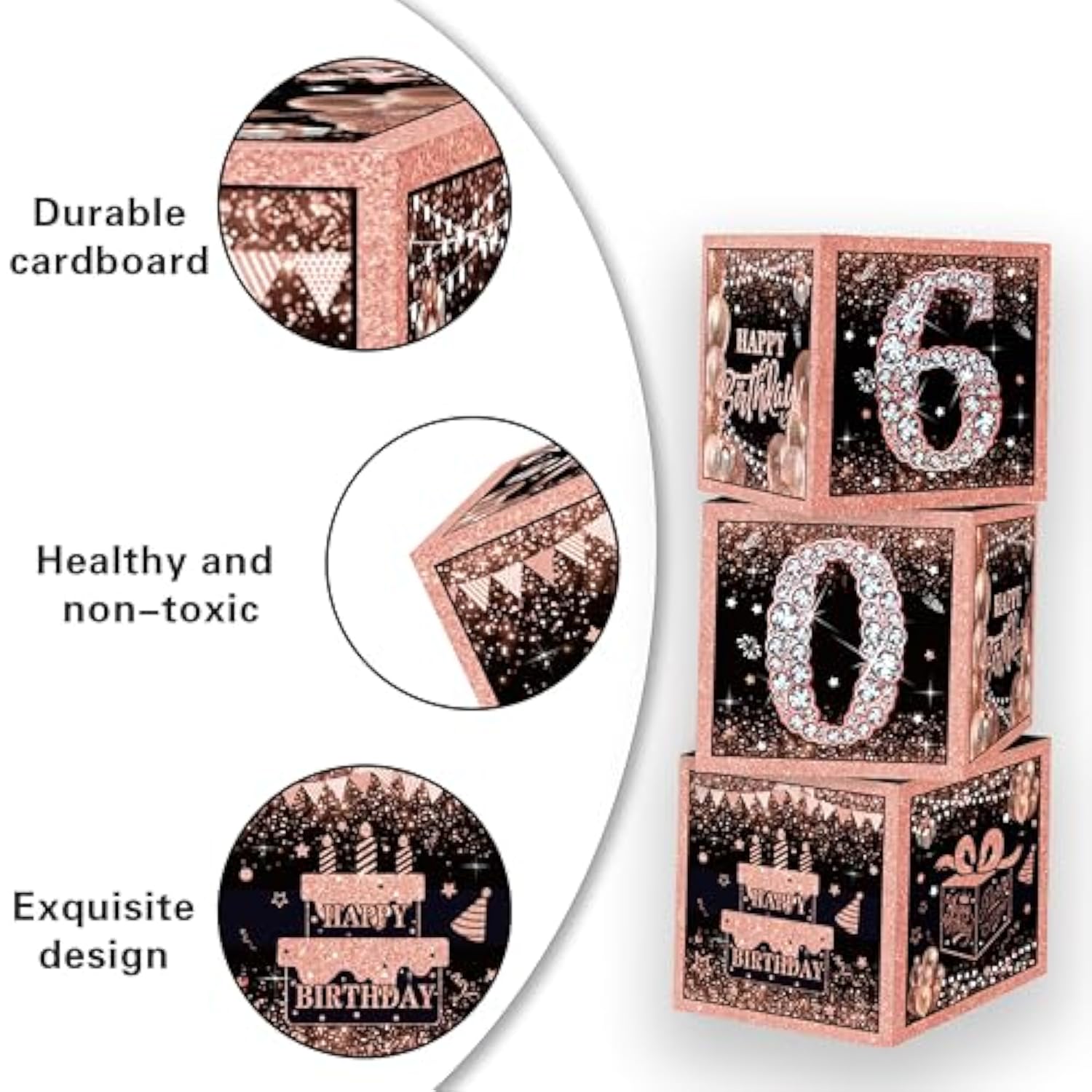 Rose Gold 60Th Birthday Decorations For Woman,Birthday Decorations For Women Girls Black And Pink Balloon Boxes Birthday Party Favors