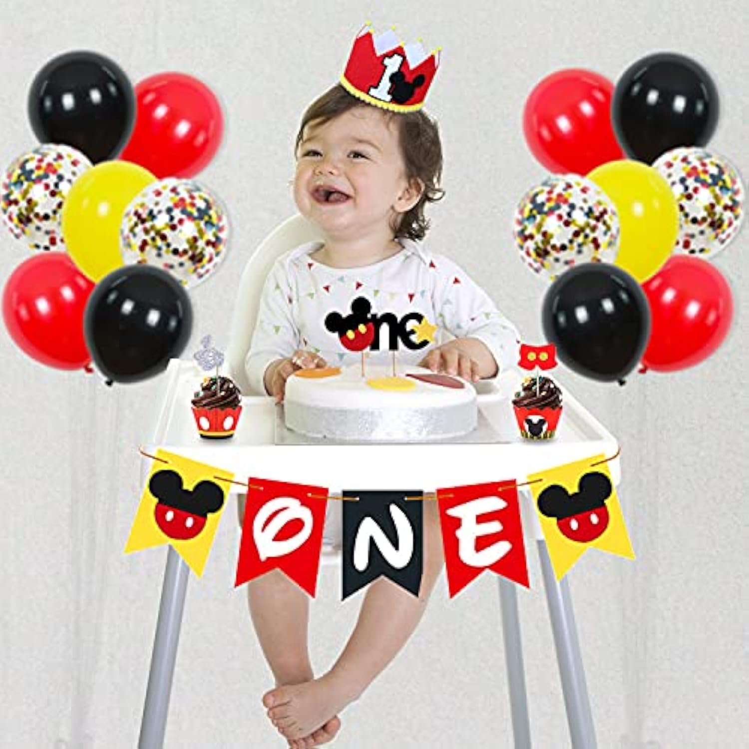 58-Pc 1st Mouse Birthday Party Set Banner, Tablecloth, Balloons & Cupcake Toppers