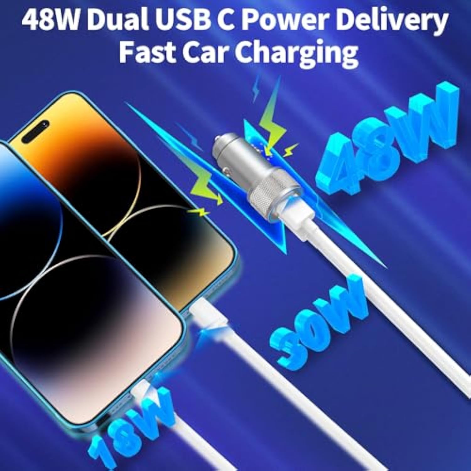 [Apple Mfi Certified] Iphone Fast Car Charger, 48W Dual Port Usb C Power Delivery All Metal Car Adapter With 2 Pack Lightning Cable, Pd/Qc 3.0 Type C Rapid Car Charging For Iphone/Ipad/Airpods