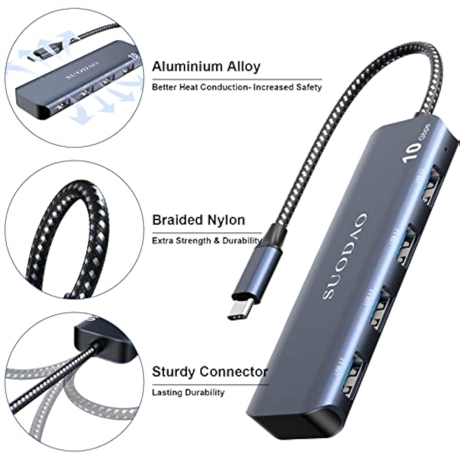 Usb 3.1 Hub, 10Gbps Usb C To Usb Hub, 4 Ports Usb 3.1/3.2 Gen 2 Hub, Superspee