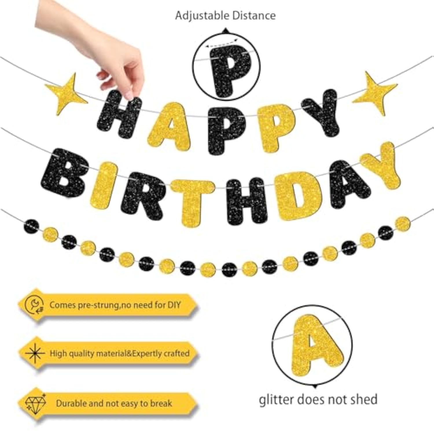 Black And Gold Happy Birthday Banner-Happy Birthday Decorations For Men Women Boys Girls Glitter Garland Birthday Sign For 30St 40St 50Th 60St Party Decor, Backdrop Supplies