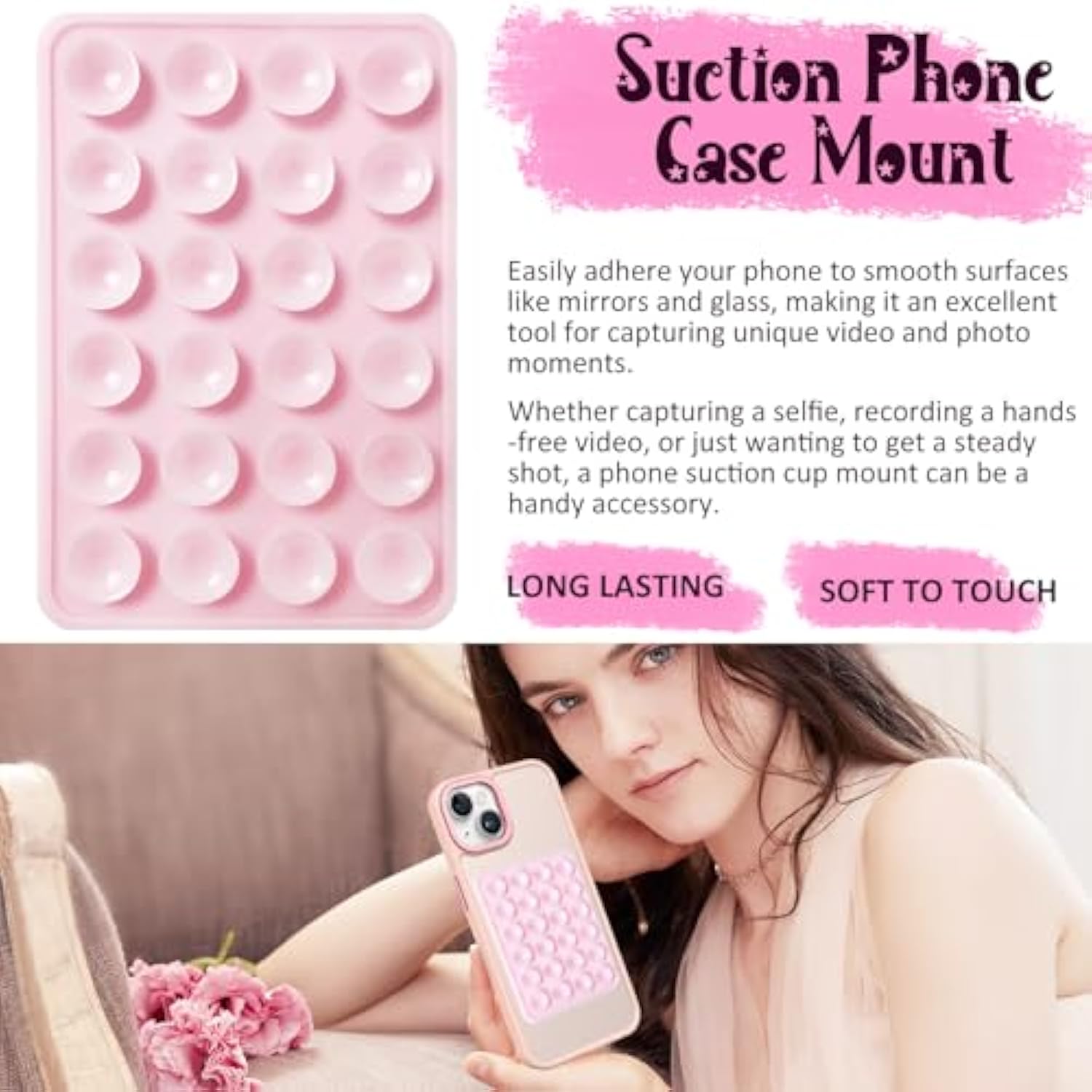 2-Pack Silicone Suction Phone Mount Non-Slip Grip Light Pink