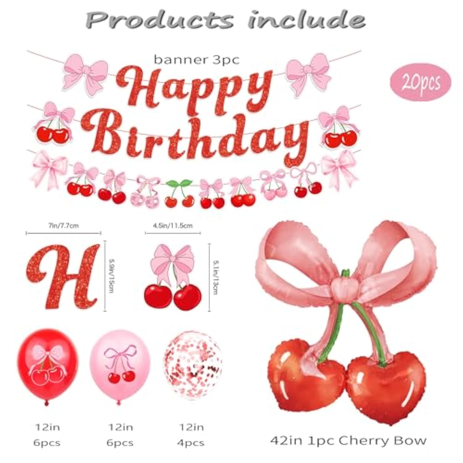 Cherry Theme Birthday Party Decorations Set, 20 Pieces With Banner, Balloons And 42-Inch Bow, Pink And Red