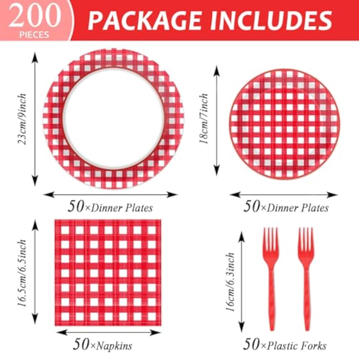 200Pcs Red And White Gingham Plates Napkins Checkered Plaid Paper Tableware Set Cake Dessert Disposable Dinnerware Spring Picnic Party Decoration For Baby Shower Birthday Decor Supplies Serves 50