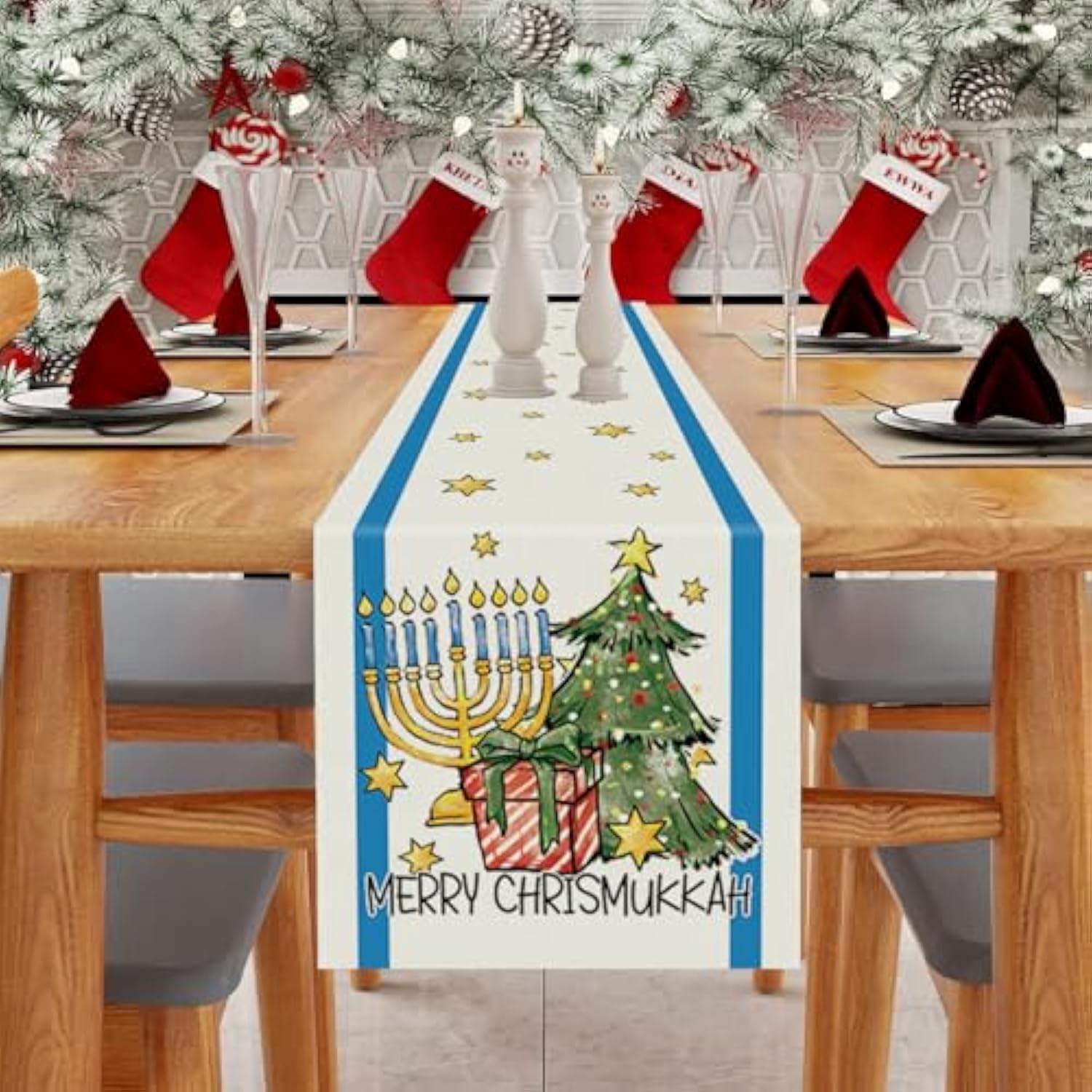 Merry Chrismukkah Table Runner Menorah Star Of David Jewish Christmas Tree Chanukah Xmas Festival Home Kitchen Dining Table Decoration 13X72 Inch