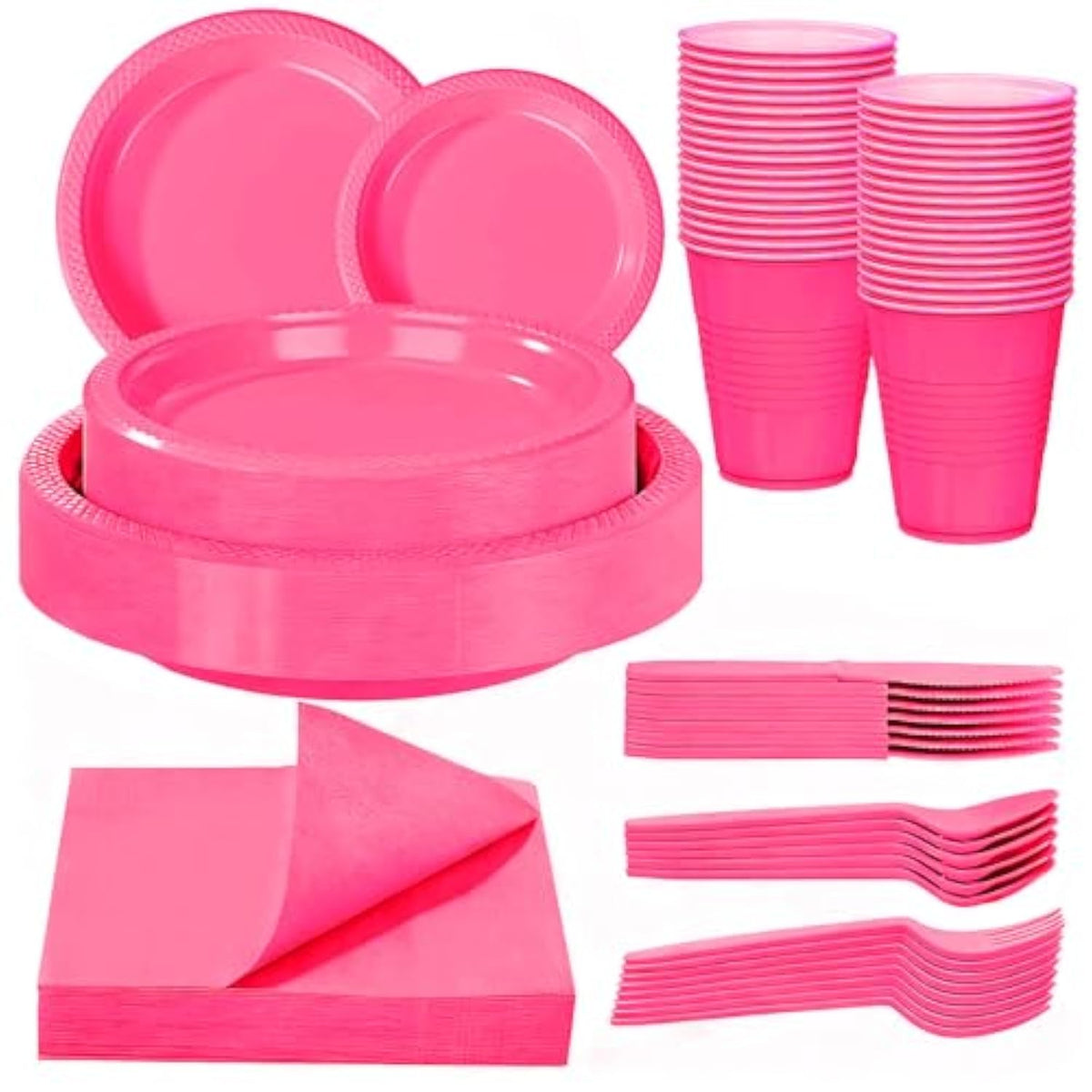 210Pcs Hot Pink Plates, Disposable Dinnerware Set, Including Hot Pink Plastic Plates, 12Oz Cups, Plastic Cutlery And Napkins Serve 30 Guests, Plastic Plates For Party And Valentine,Galentines