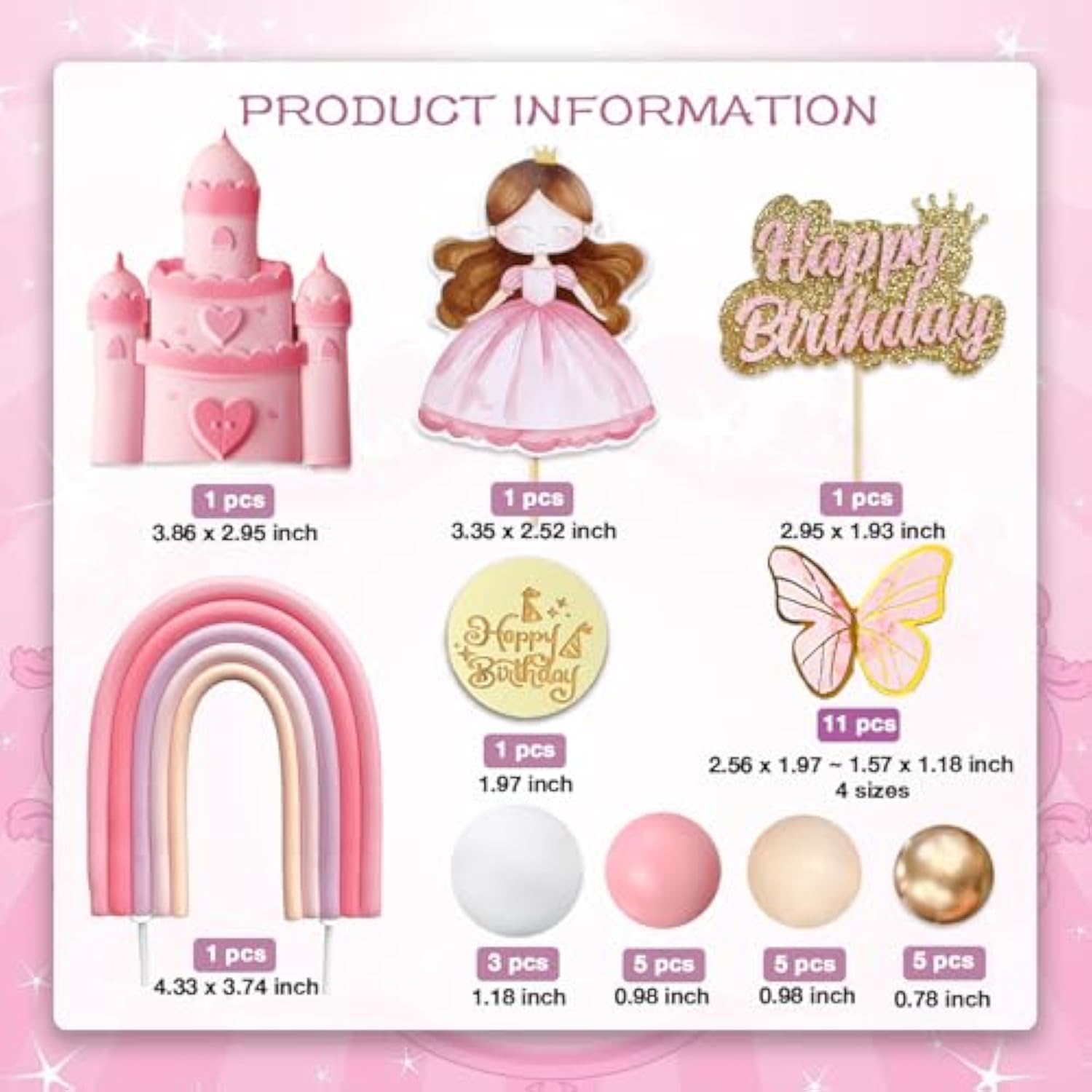 34Pcs Princess Cake Topper Castle Rainbow Cake Decoration With Pink Butterflies Cartoon Castle Pearl Balls For Pink Girl Princess Theme Birthday Baby Shower Party Supplies