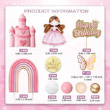34Pcs Princess Cake Topper Castle Rainbow Cake Decoration With Pink Butterflies Cartoon Castle Pearl Balls For Pink Girl Princess Theme Birthday Baby Shower Party Supplies