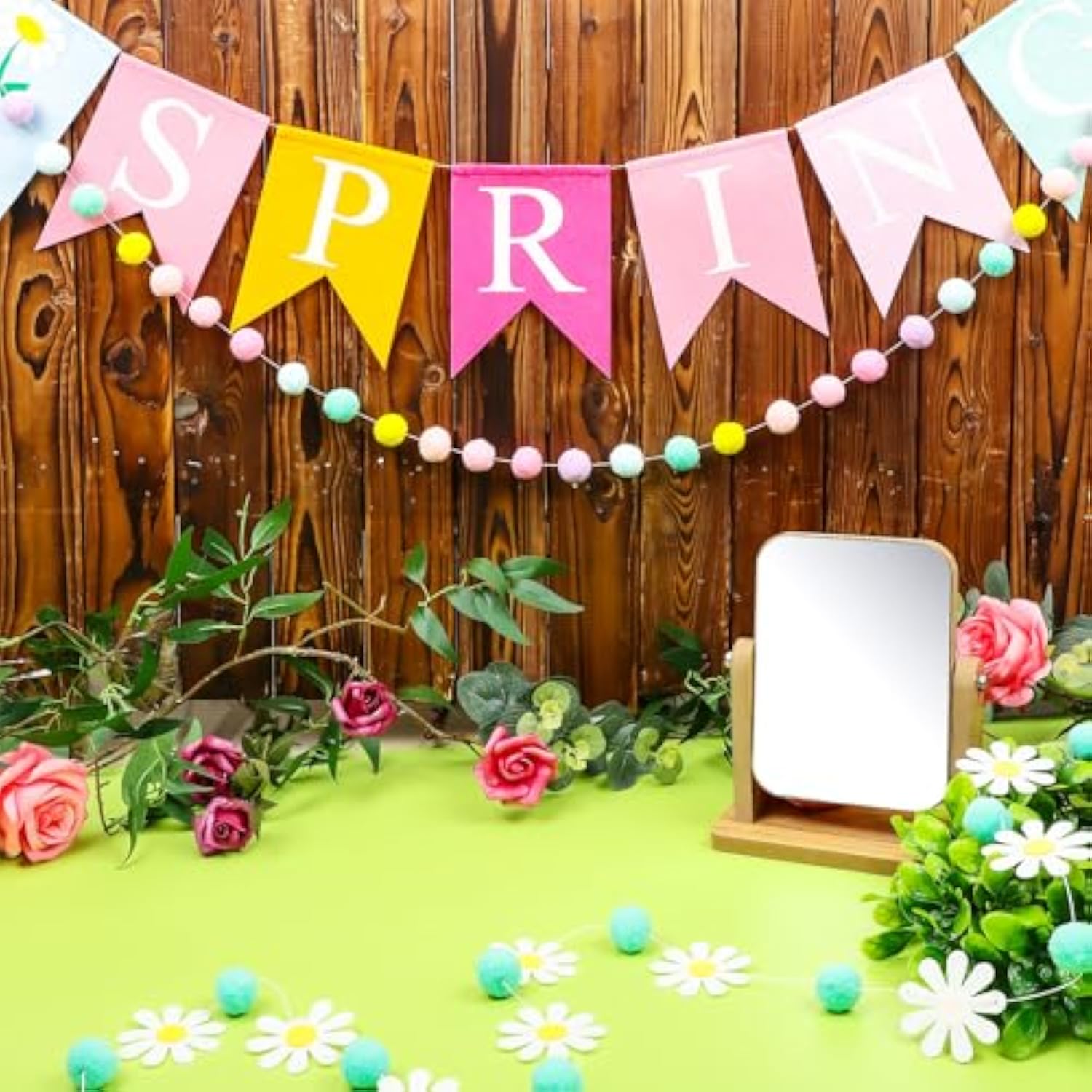 4 Pieces Spring Garland Banner Decorations, Pastel Felt Pompom Garland Hello Spring Daisy Flower Banner For Indoors Decorating Mantel Tree Party Decorations