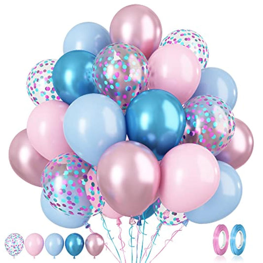 Macaron Pink And Blue Balloons, 60 Pcs 12 Inch Baby Shower Party Balloons, Metallic Blue Pink Balloons For Gender Reveal Birthday Baby Shower Wedding Bridal Shower Party Graduation Decoration