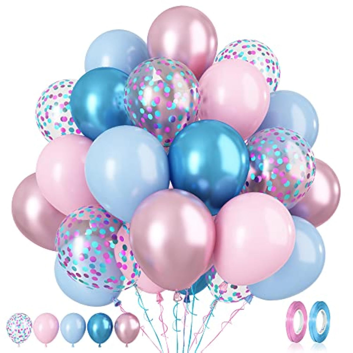 60 Pcs Macaron Pink & Blue Balloons, Metallic Baby Shower, Gender Reveal Decor