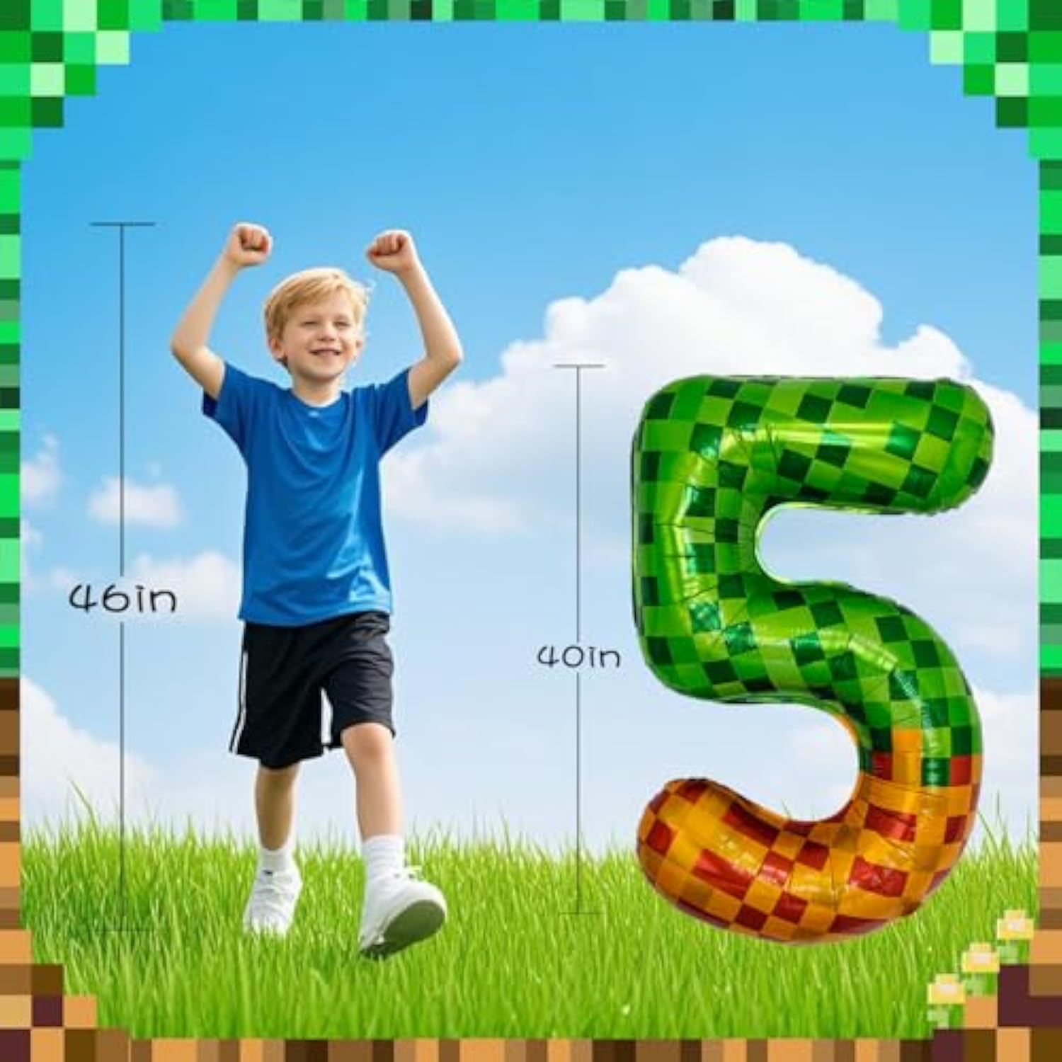 Pixel & Tnt Theme 40In Giant Number Balloons - Foil Mylar Birthday Party Decorations For Kids Adults Cumpleaños, Block Style Pixel Art Shape Balloon Decor Supplies (Pixel, Number 5)