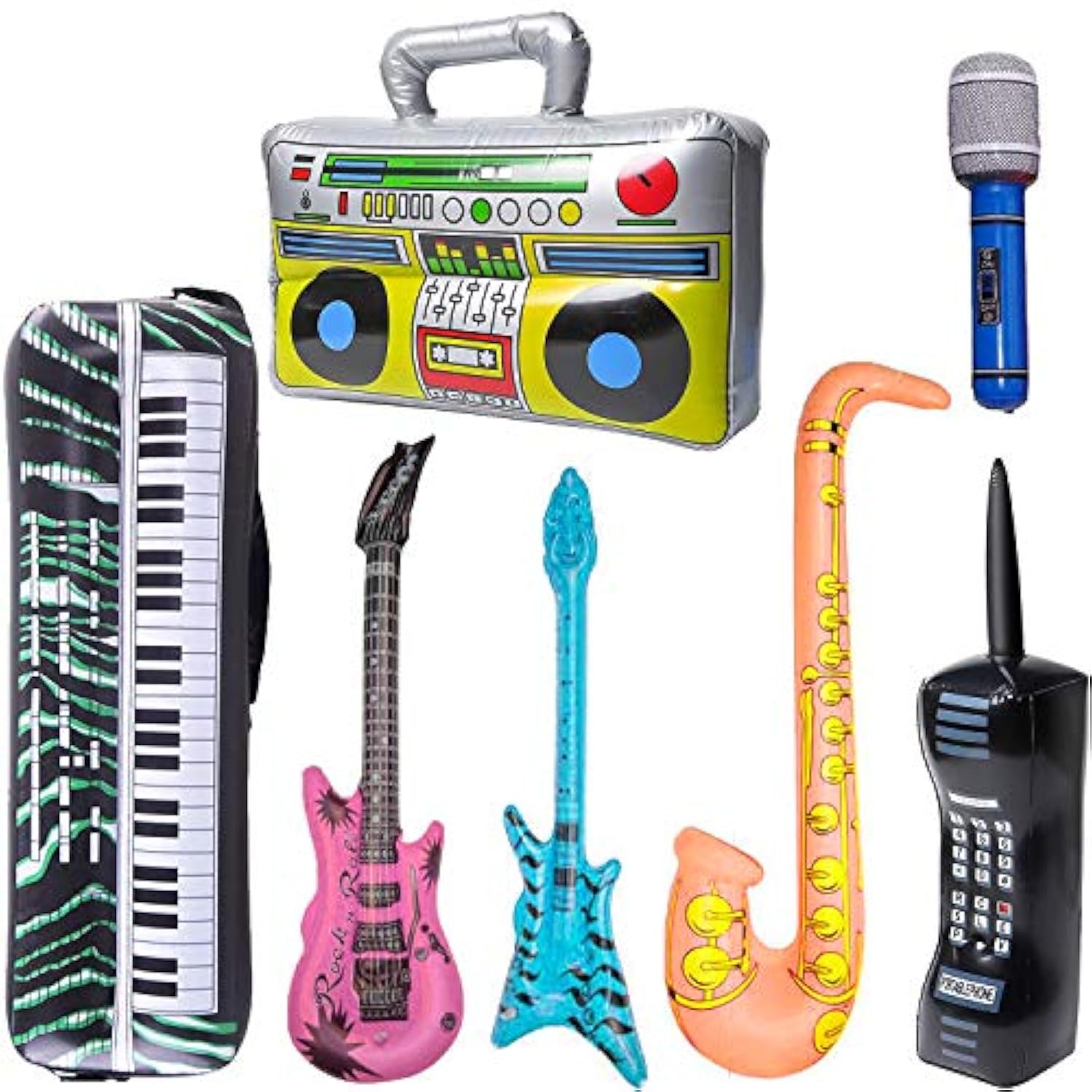 Inflatable Rock Star Toy Set, 7 Pack Inflatable Boom Box Mobile Phone Guitar Bass Party Props For 80'S 90'S Party Decorations, Rock And Roll Party Favors Supplies, Christmas Birthday Party Gifts.