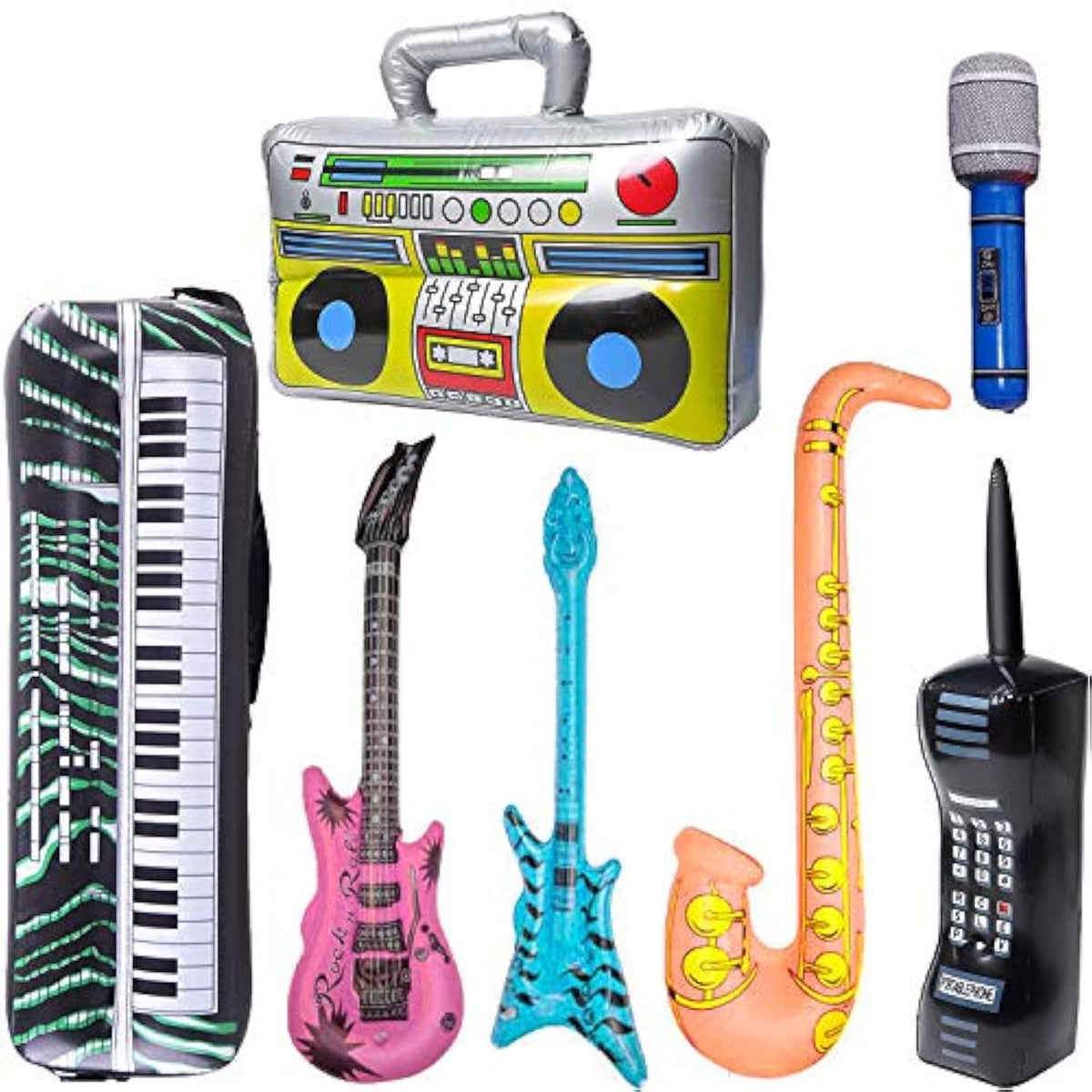 Inflatable Rock Star Toy Set, 7 Pack Inflatable Boom Box Mobile Phone Guitar Bass Party Props For 80'S 90'S Party Decorations, Rock And Roll Party Favors Supplies, Christmas Birthday Party Gifts.