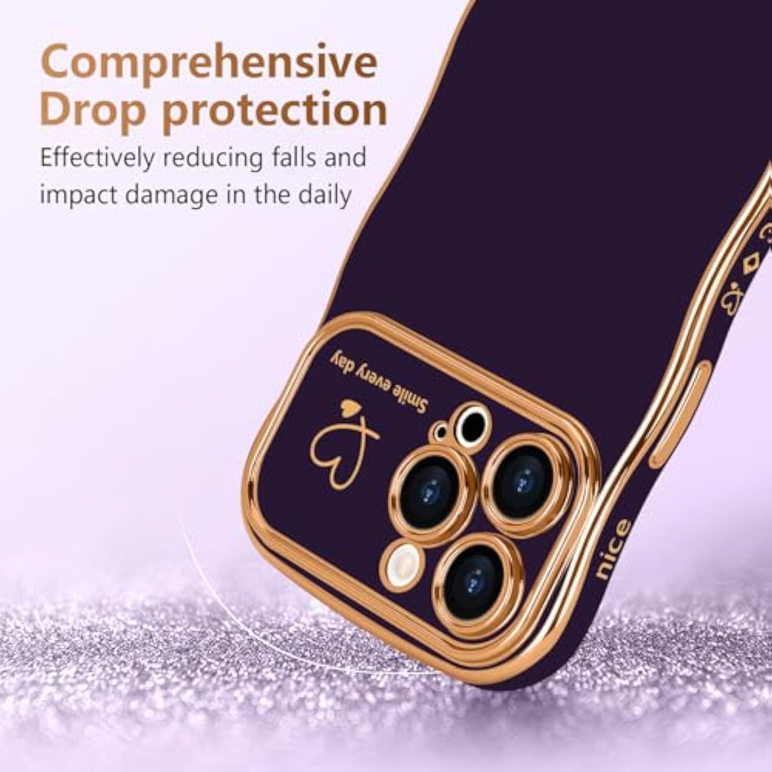 iPhone 14 Pro Max Case for Women, Wave Frame Heart Camera Protection, Dark Purple
