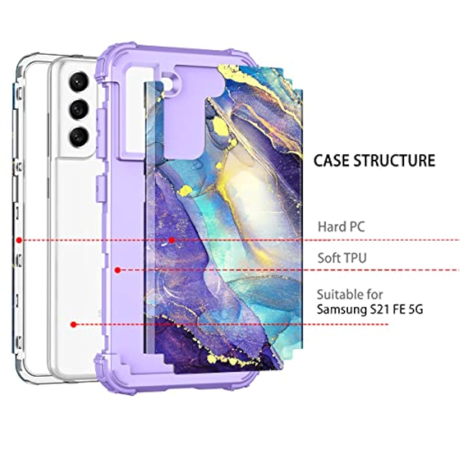 Galaxy S21 FE 5G Case, Three Layer Heavy Duty Shockproof Protection Hard Plastic Bumper + Soft Silicone Rubber Protective Case for Samsung Galaxy S21 FE 5G, Purple