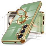 For Samsung Galaxy 25 Plus 5G Case, Screen Protector, 360°Rotatable Ring Holder Magnetic Kickstand,Plated Gold Edge Slim Soft Tpu Protective Phone Case Cover For Galaxy 25+ (Matcha Green)