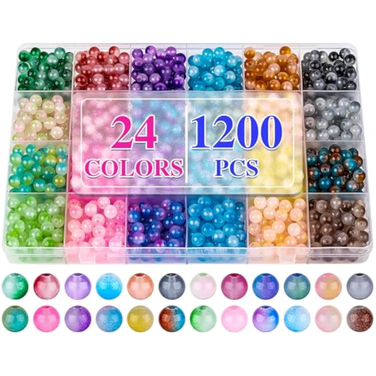 1200PCS 6mm Glass Beads Kit, 24 Colors for Jewelry Making & DIY Crafts