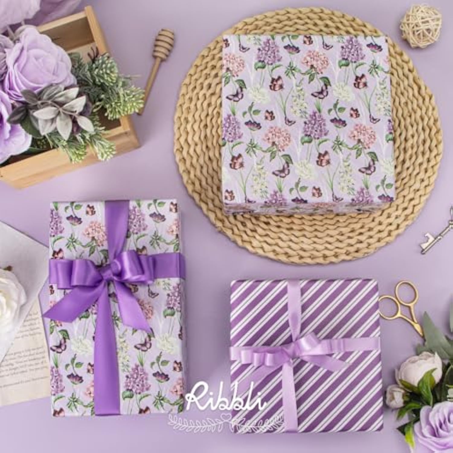 Floral Wrapping Paper Floral Butterfly And Stripe Reversible Mini Roll Birthday Gift Wrap For Women Girls Anniversary Wedding 17 Inch X 33 Feet-Purple