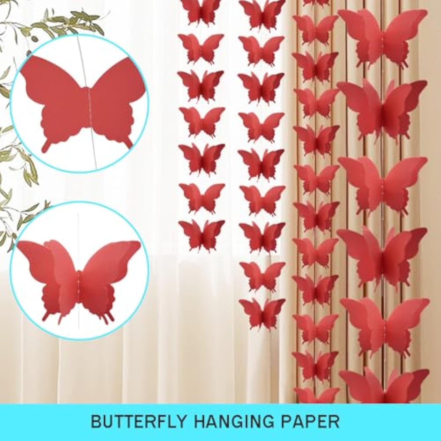 Yosawa 4 Pcs Large Paper Butterfly Banner Hanging Decorative, Curtain Hanging Paper Flower For Halloween Home Ceiling Decor Birthday Party Baby Shower Wedding Showcase Decoration?Zd/Red?