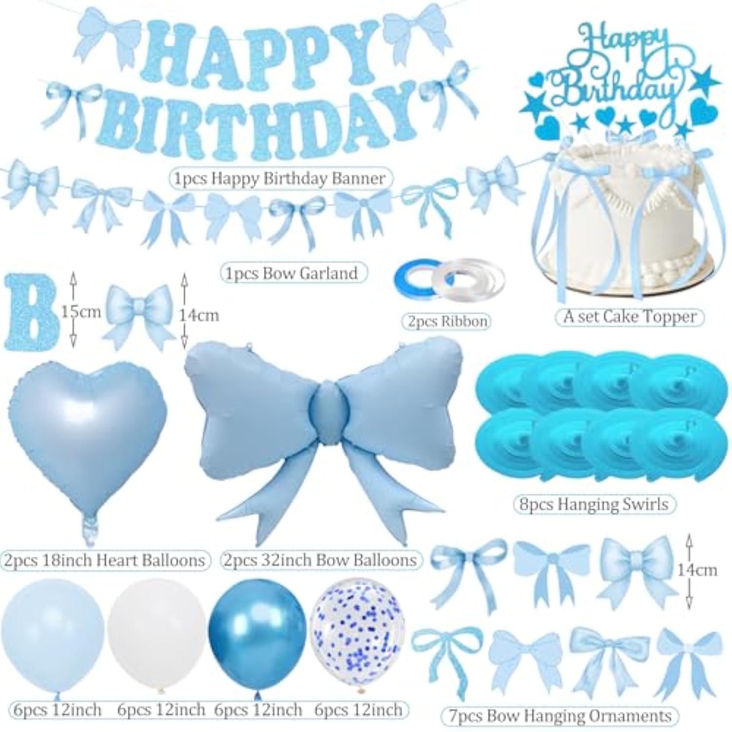 Blue Bow Birthday Decorations, Happy Birthday Banner Garland And Hanging Swirls, 28Pcs Balloons, Cake Toppers, Bow Themed Party Decorations For Girls Women