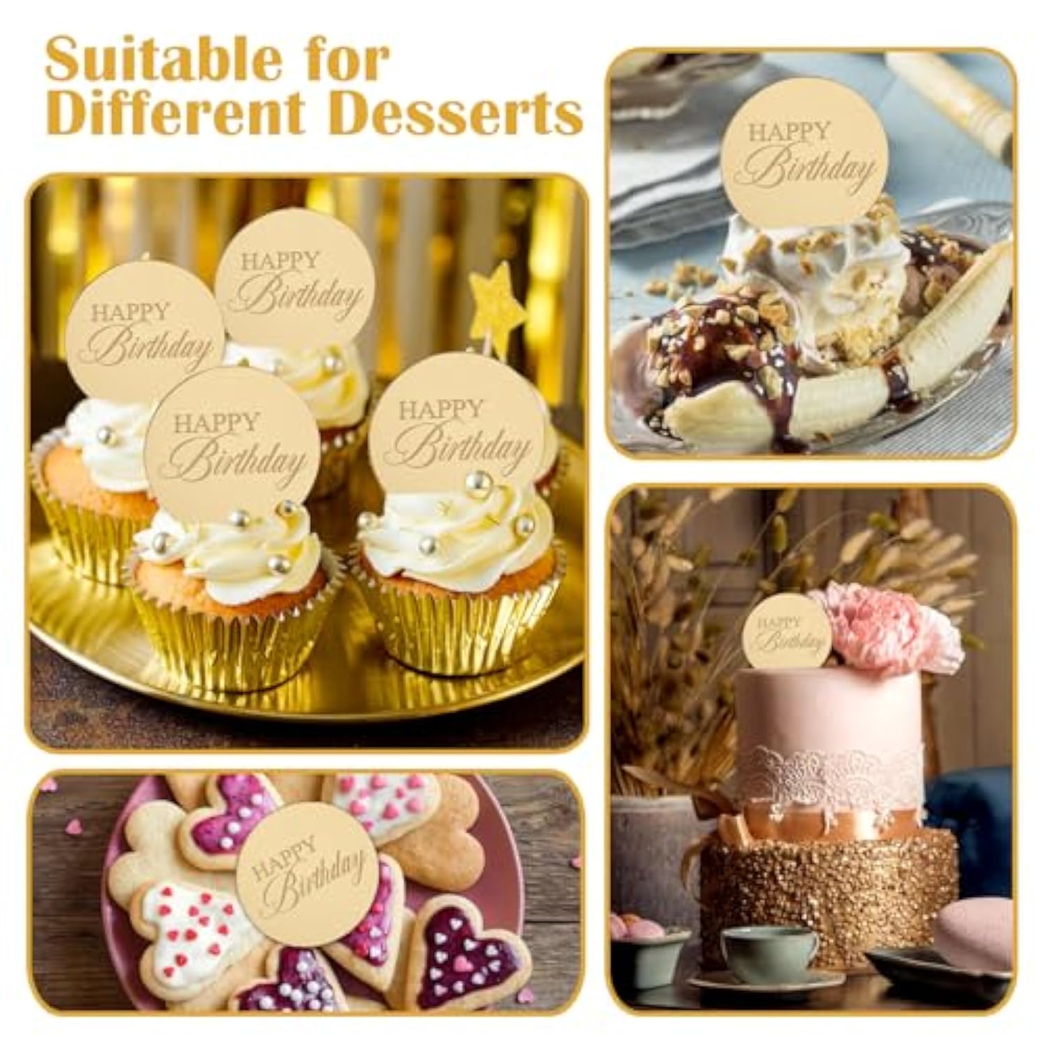 20Pcs Gold Mirror Acrylic Cupcake Toppers Acrylic Engraved Cake Picks Cupcake Disc Happy Birthday Cake Decoration Circle Round Shape Diy Party Supplies
