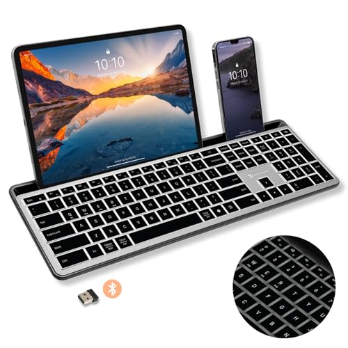 X9 Wireless Keyboard With Phone Holder - Full Size Bluetooth Keyboard With Number Pad, Backlit Wireless Keyboard, Multi-Device For Ipad, Tablet, Pc, Mac, Iphone, Android - Gray