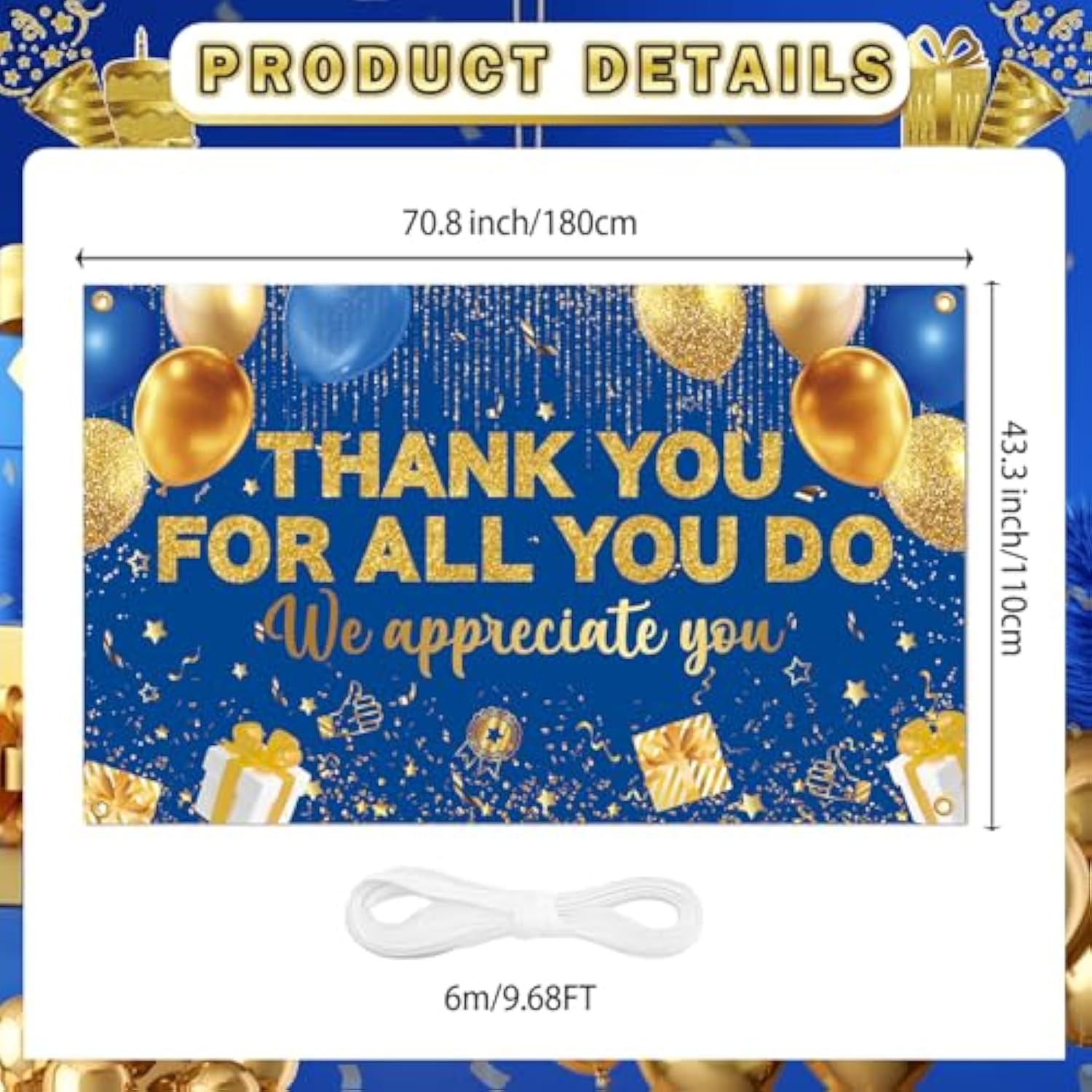 Thank You Banner Backdrop, 5.9x3.6Ft, Appreciation Decor for Employees & Teachers