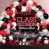 Class Reunion Party Decorations - Red And Black Balloon Garland Arch Kit With Welcome Back Class Reunion Backdrop, High School Reunion Party Photography Background Supplies