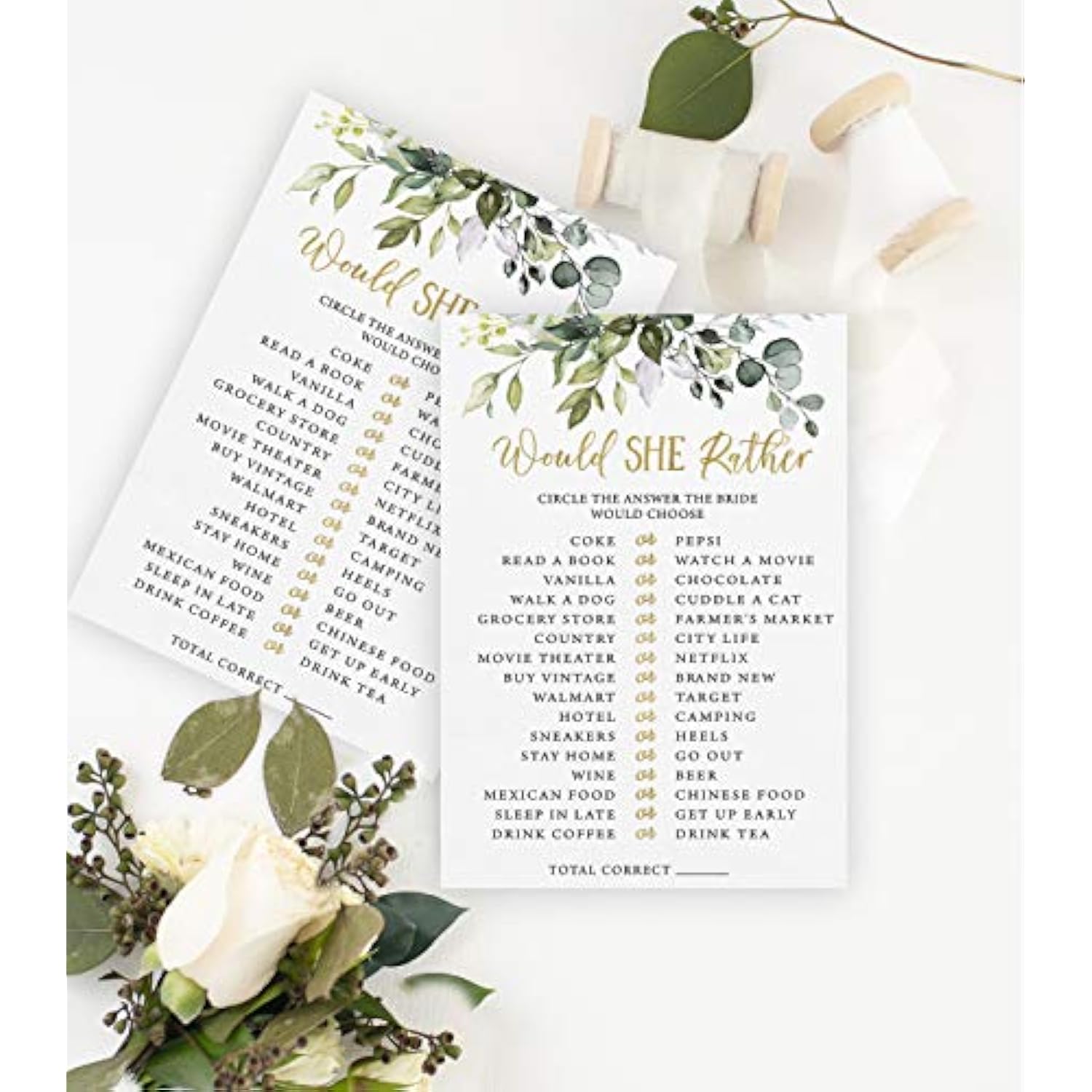 Bridal Shower Games – Would She Rather Game With Fun Bride-To-Be Trivia, Wedding Shower Activity, Botanical Eucalyptus Theme, 50 Guests
