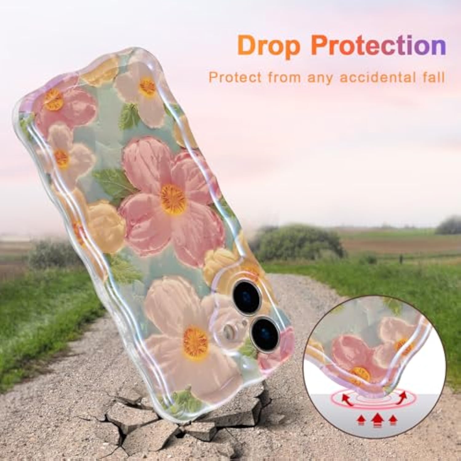 iPhone 16 Case, Retro Flower Oil Painting, Curly Wave Edge, TPU Protective Cover