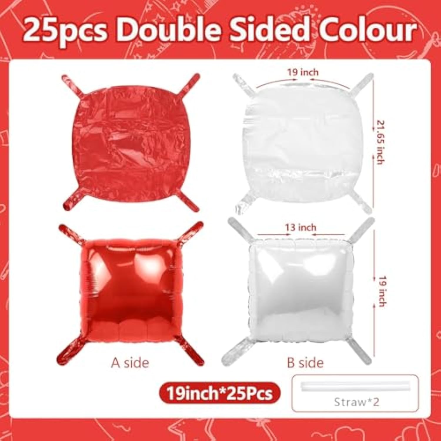 25Pcs Red White Square Foil Balloons Wall Double Backdrop Sided Red Pearl White Balloon Tunnel Arch Kit For Christmas Birthday Valentine'S Day Baby Shower Wedding Party Decorations