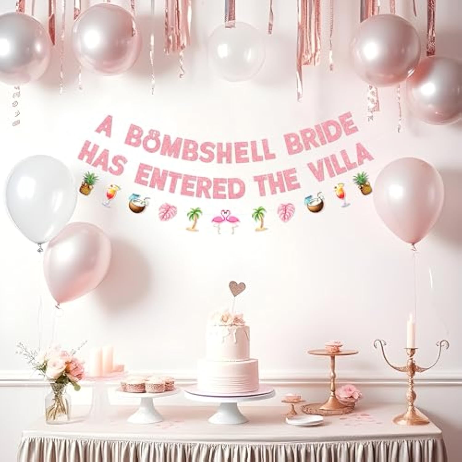 A Bombshell Bride Has Entered The Villa Banner, Bachelorette Party Tropical Decor