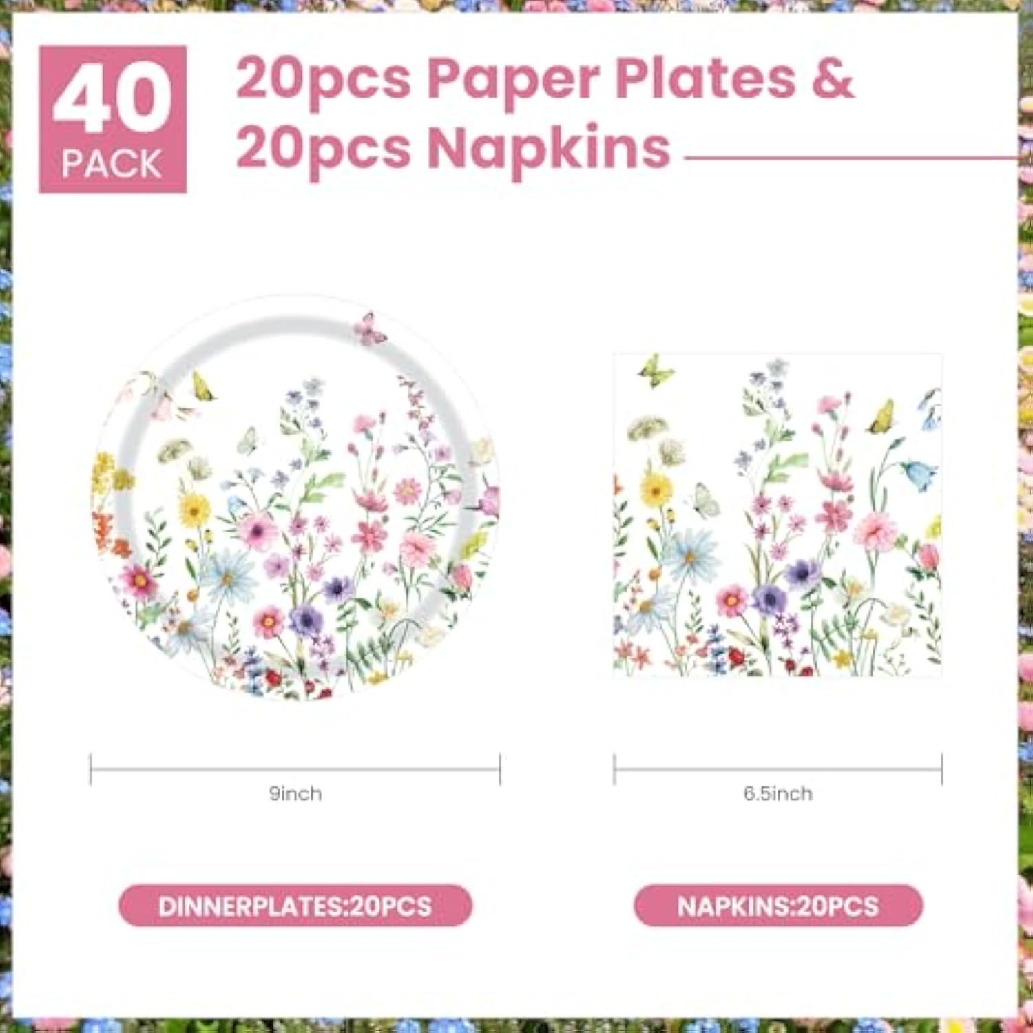 40 Pcs Wildflower Plates And Napkins Party Supplies, Floral Paper Plates Napkins Wildflower Baby Shower Decorations Tableware For Spring Summer Picnic Wedding Birthday Tea Party Serves 20