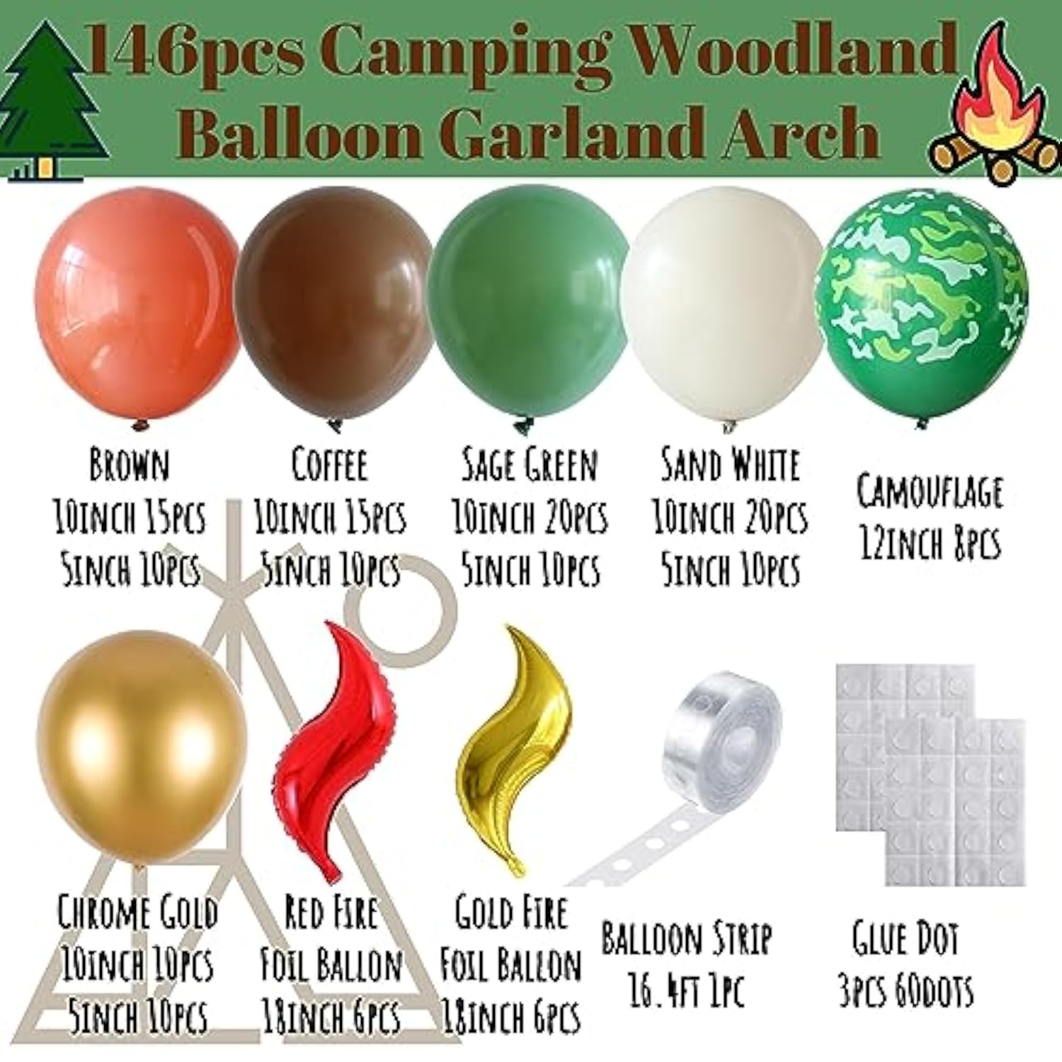 146pcs One Happy Camper Balloon Arch Kit with Campfire Balloon for Party Decor