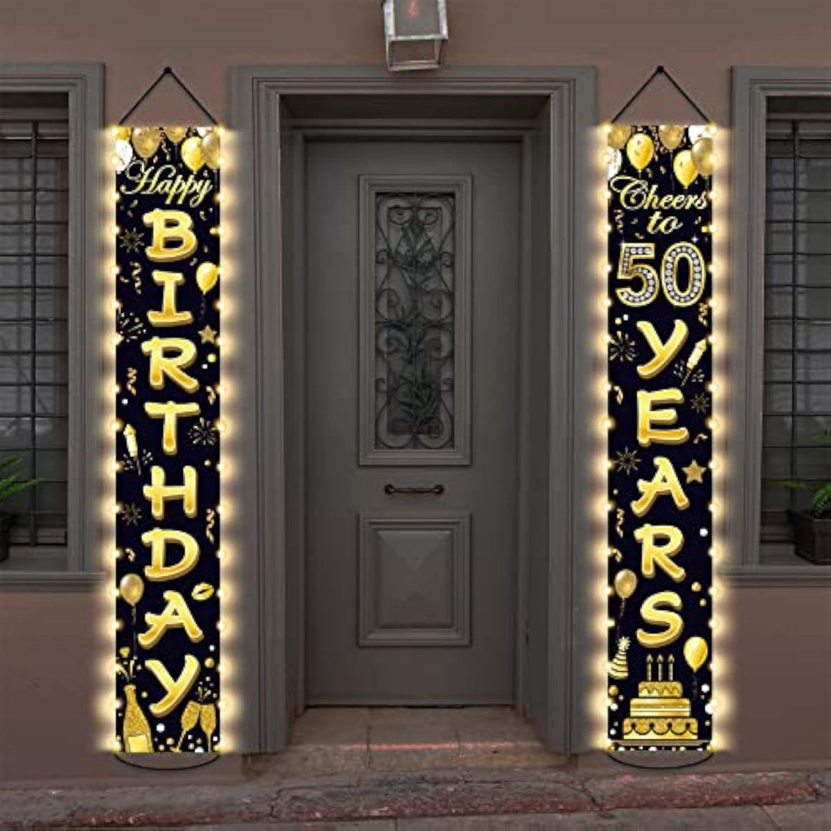 50Th Birthday Party Banner Lighted Decorations For Women Men 50 Year Old Lighted Door Banners Black Gold Cheers To 50 Years Birthday Party Supplies Porch Sign With Led Light For Outside Light Decor