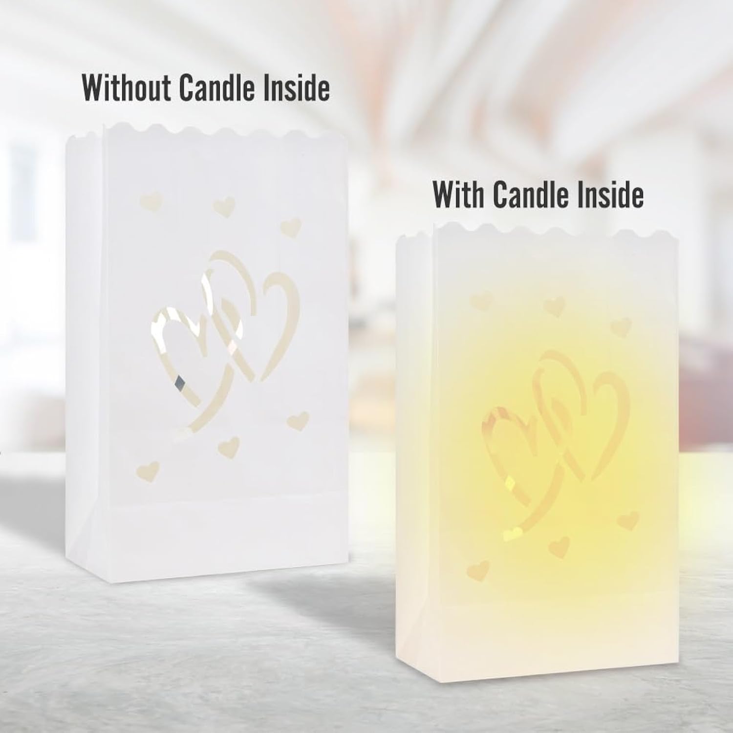 20 Pcs White Heart Luminary Bags Outdoor, Reusable Flame Resistant Paper Special Lantern Bag With Cotton Material For Wedding Valentine Engagement Marriage Proposal Decorations