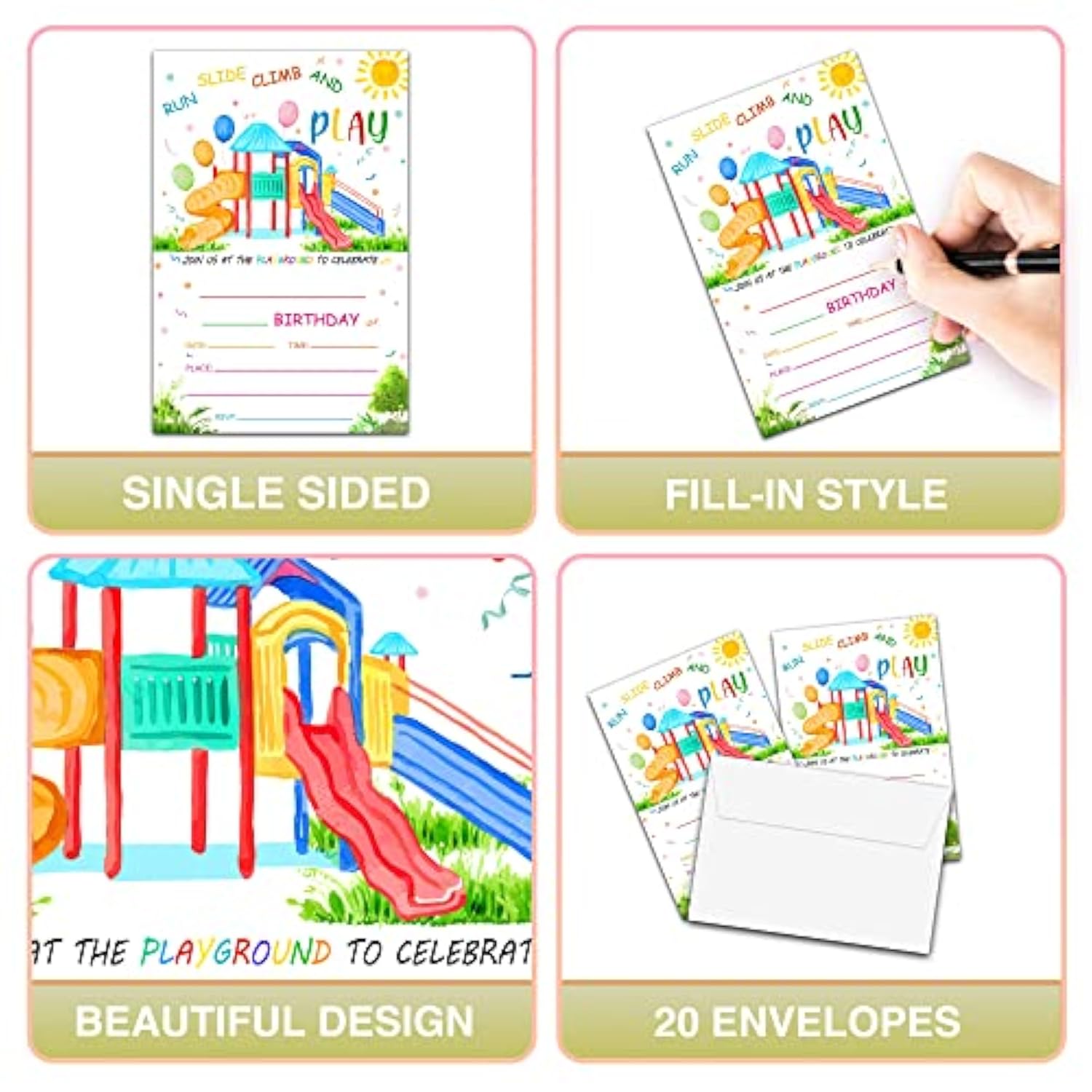 Playground Birthday Invitations With Envelopes - Park Party Invitation Card - Playground Themed Fill-In Invites Cards - Outdoor Party Favors Decorations (20 Pack)-01