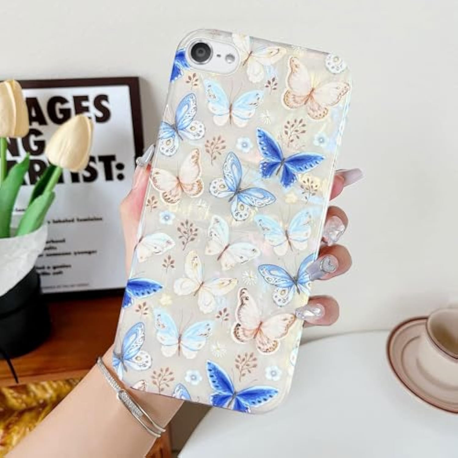 Ipod Touch 7 Case - Aesthetic Blue Butterflies Floral Flowers Glitter Opal Pearly Thinfoil Design Soft Tpu Bumper Protective Phone Case