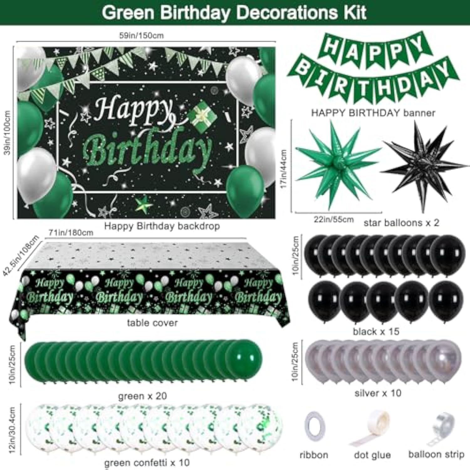 Green And Black Birthday Decorations For Men Women, Black And Green Party Decorations For Boys Girls Happy Birthday Banner Backdrop With Confetti Star Balloons Arch Tablecloth Bday Party Supplies