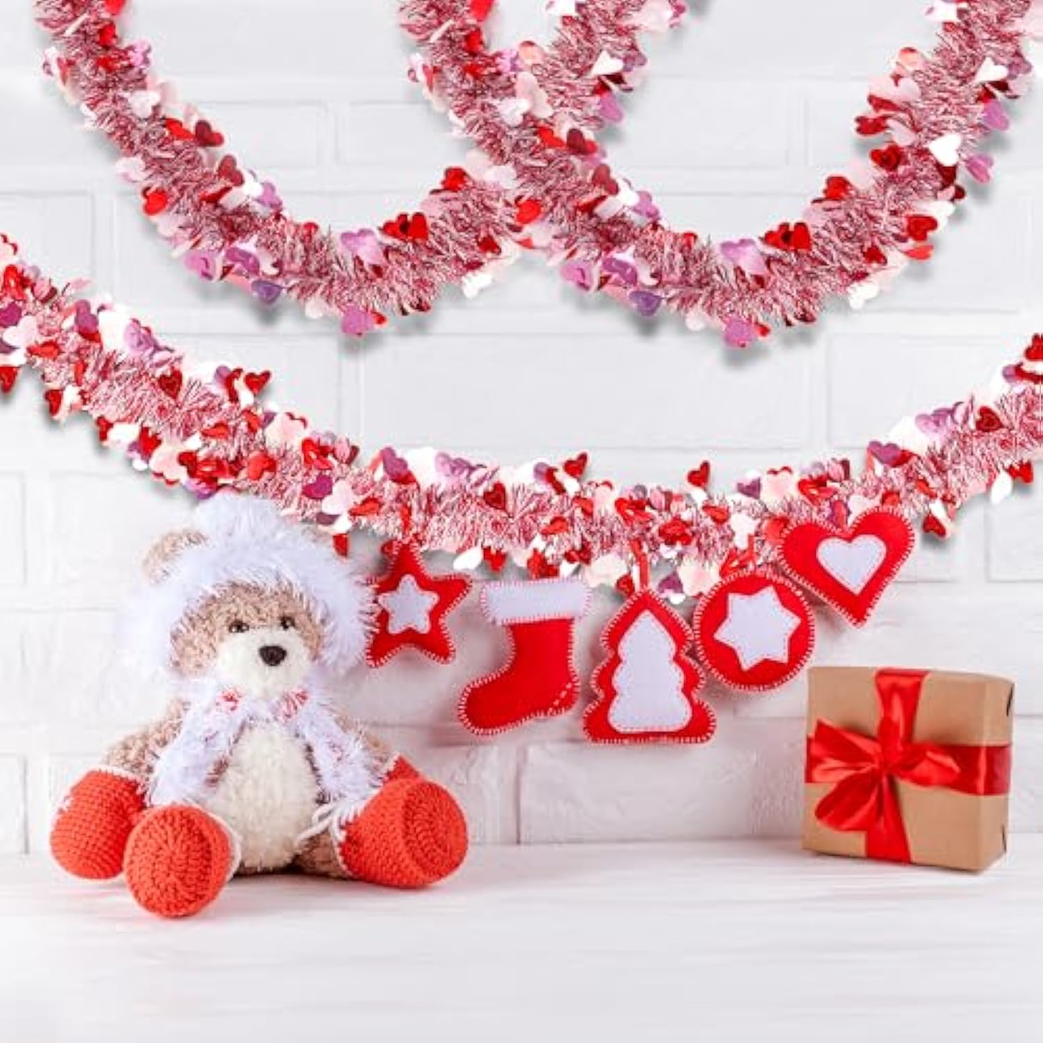 49.2Ft Valentine’S Day Heart Tinsel Garland Pink Red White Metallic Twist Garland Shining Ceiling Hanging Decorations For Valentine’S Day Party Anniversary Birthday Holiday Indoor Supplies