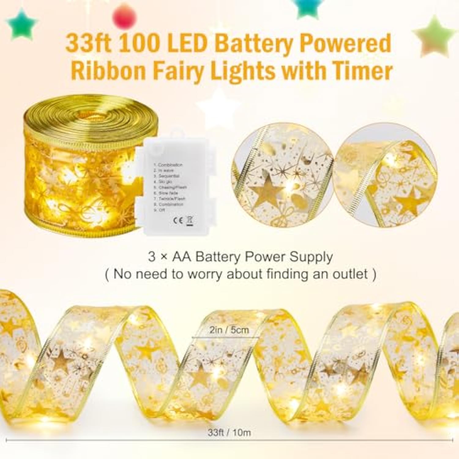 Christmas Tree Ribbon String Lights - 33Ft 100 Led Battery Powered Fairy Lights With Timer And 8 Lighting Modes, Christm