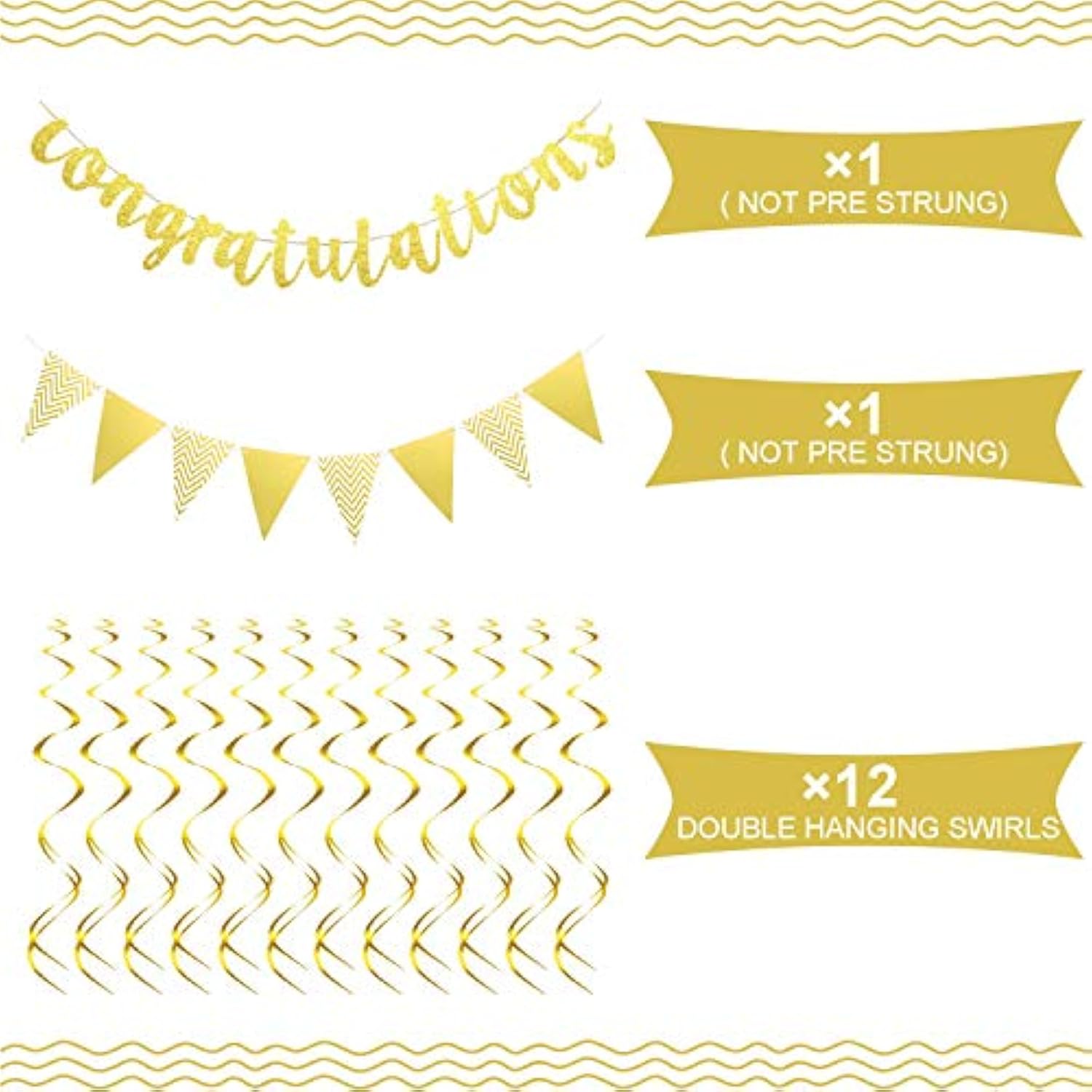 Pre-Strung Glitter Congratulations Banner Triangle Flag Banner With 12 Pieces Hanging Swirls For Wedding Retirement Graduation Anniversary Party Decorations(Gold)