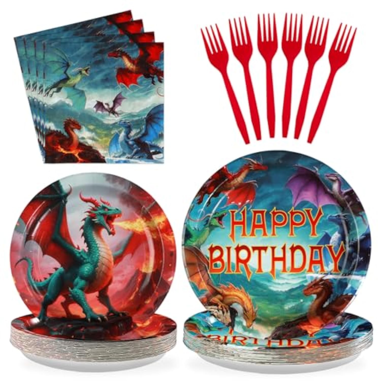 96Pcs Dragon Birthday Party Supplies - Red Fire Dragon Party Plates And Napkins Disposable Dragons Theme Dessert Tableware Set For Kids Boys Fantasy Birthday Supplies Serves 24