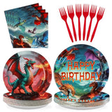 96Pcs Dragon Birthday Party Supplies - Red Fire Dragon Party Plates And Napkins Disposable Dragons Theme Dessert Tableware Set For Kids Boys Fantasy Birthday Supplies Serves 24
