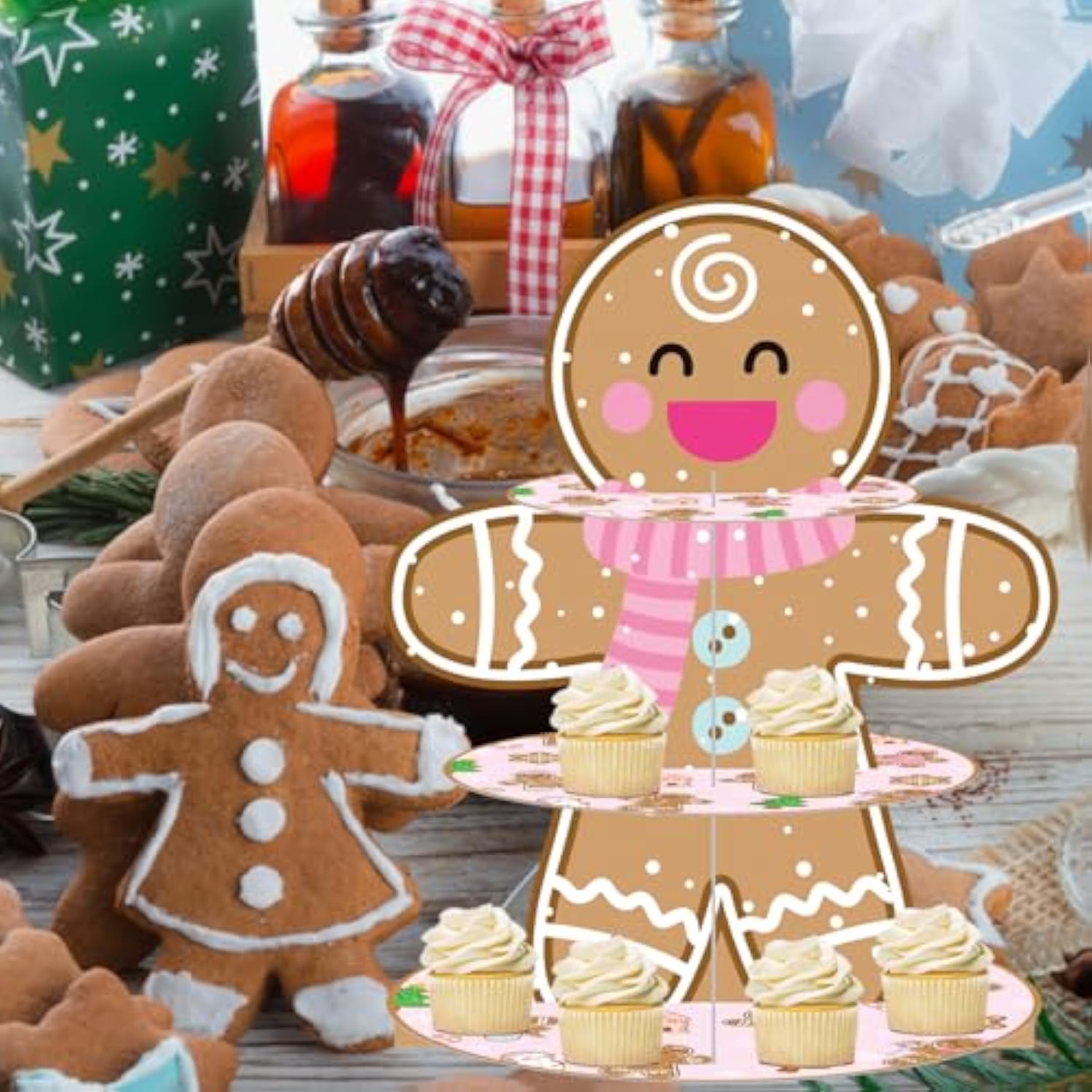 Gingerbread Party Cupcake Stand Gingerbread Man Christmas Decorations 3Tiers Gingerbread Man Party Cupcake Tower Gingerbread Theme Dessert Tower For Merry Xmas Party Supplies
