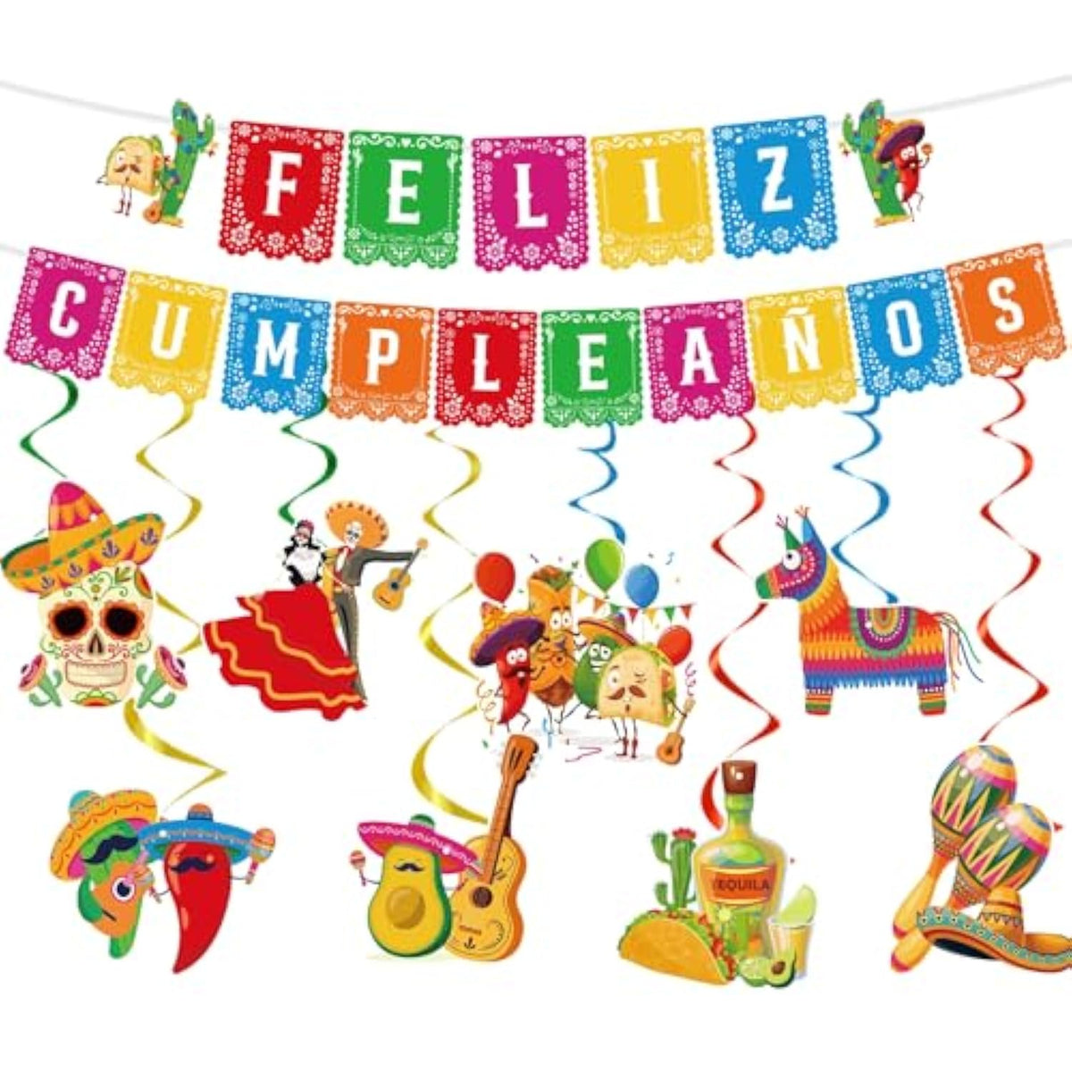 Mexican Birthday Party Decorations - 10Pcs Mexican Party Decorations Feliz Cumpleaños Banner Hanging Swirls Decoration Fiesta Themed Día De Los Muertos Cinco De Mayo Birthday Decor Supplies