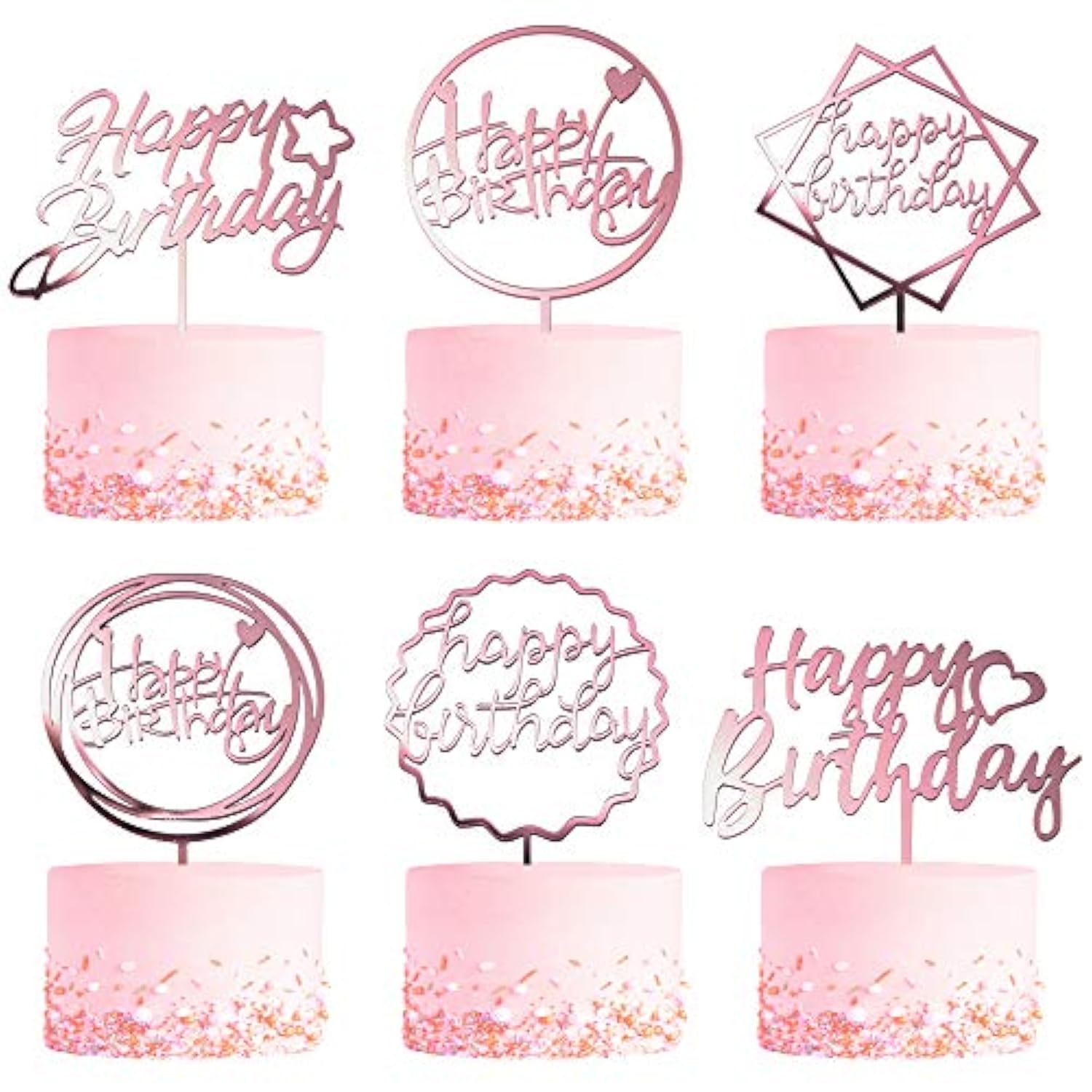 6-Pack Rose Gold Birthday Cake Topper Set, Double-Sided Glitter, Acrylic Happy Birthday Sign Cake Toppers/Cupcake Toppers, Party Decorations Supplies For Girls And Mom.