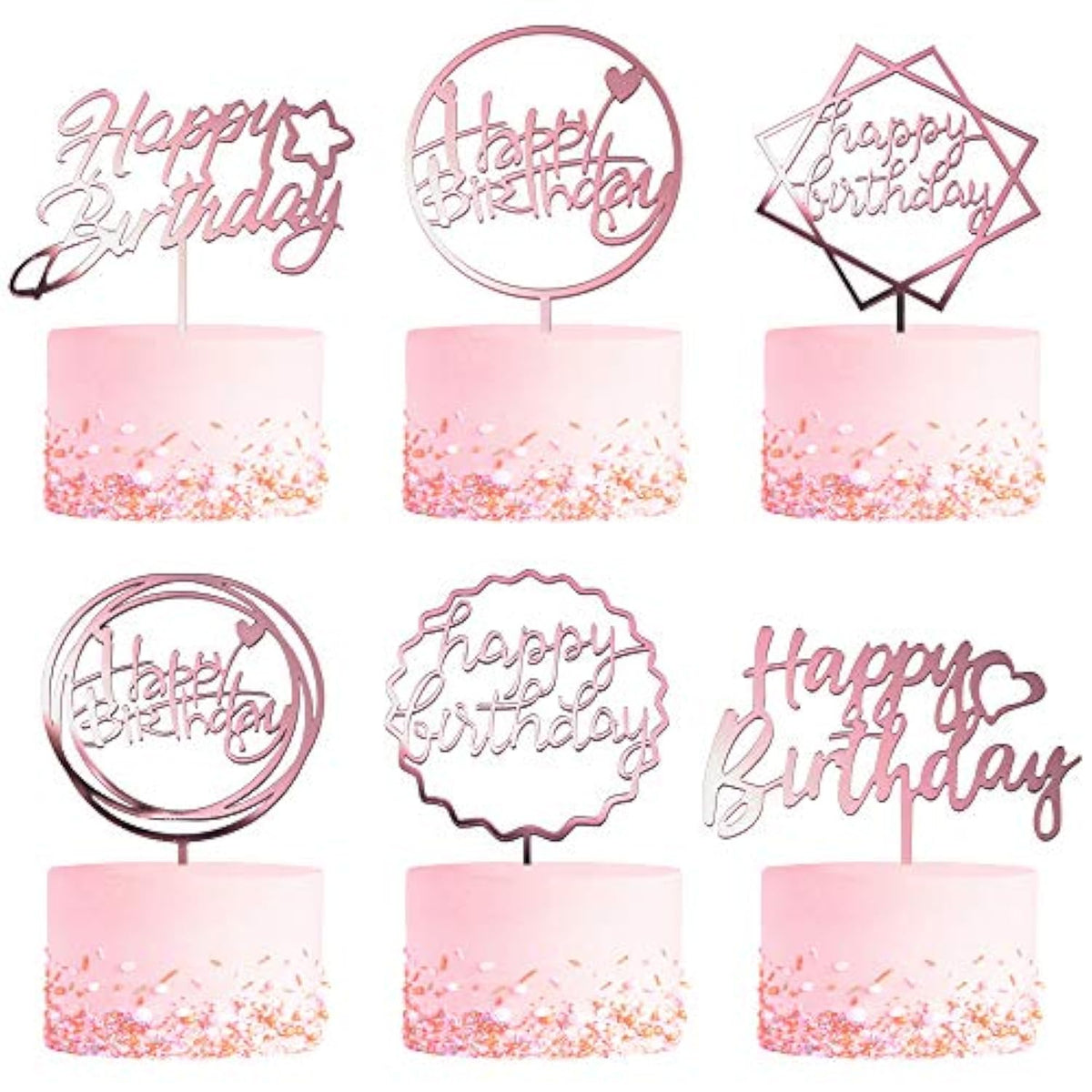 6-Pack Rose Gold Birthday Cake Topper Set, Double-Sided Glitter, Acrylic Happy Birthday Sign Cake Toppers/Cupcake Toppers, Party Decorations Supplies For Girls And Mom.
